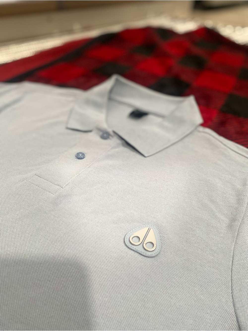 Moose Knuckles Sky Light Blue Metal Logo Polo New no Tags MENS S